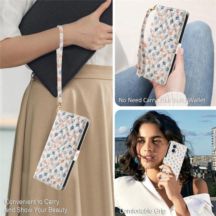 Bild 5, iPhone 16 Fodral Rhombus Läder Blommor Vit