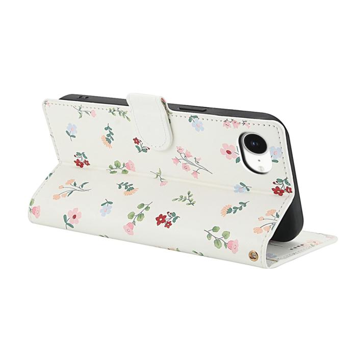 Bild 3, iPhone 16e Fodral Rhombus Läder Blommor Vit