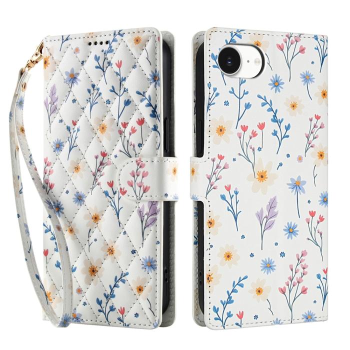 Bild 1, iPhone 16e Fodral Rhombus Läder Blommor Vit