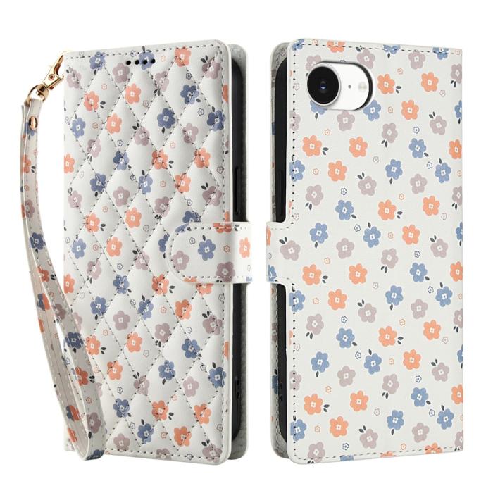 Bild 1, iPhone 16e Fodral Rhombus Läder Blommor Vit