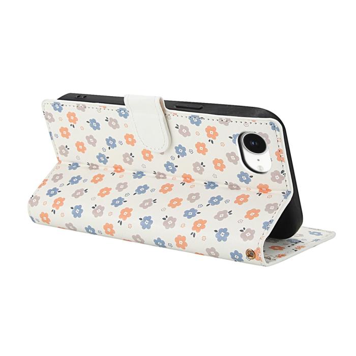 Bild 3, iPhone 16e Fodral Rhombus Läder Blommor Vit