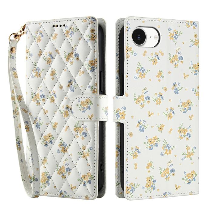 Bild 1, iPhone 16e Fodral Rhombus Läder Blommor Vit