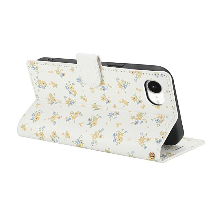 Bild 3, iPhone 16e Fodral Rhombus Läder Blommor Vit