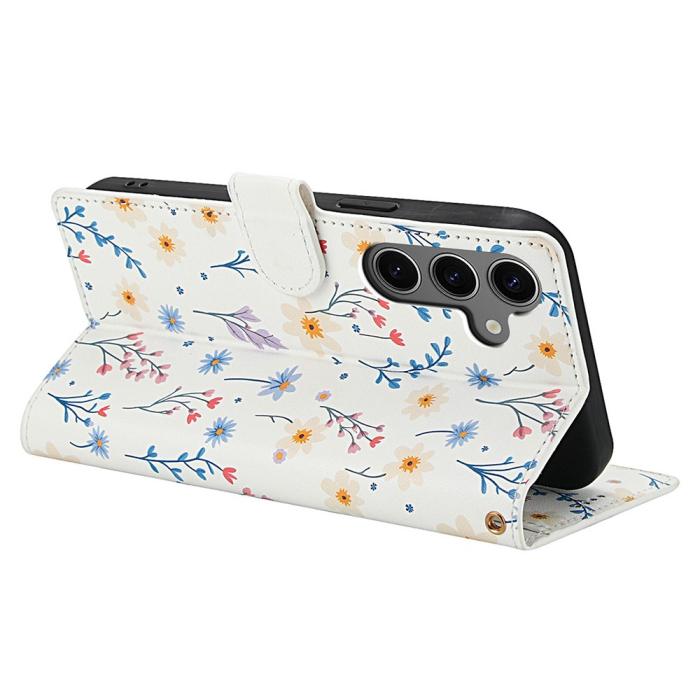 Bild 3, Samsung Galaxy S26 Fodral Rhombus Läder Blommor Vit