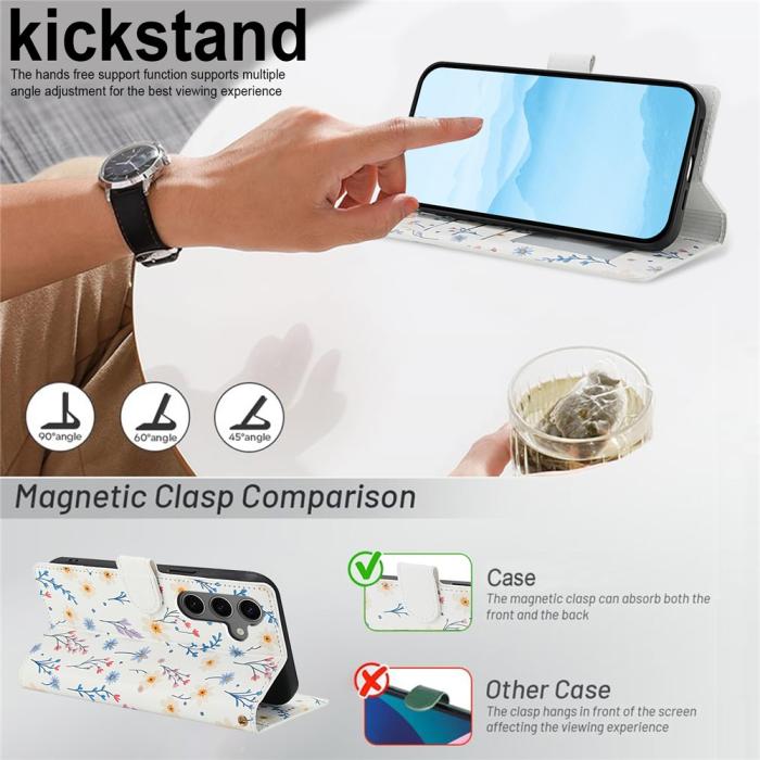 Bild 4, Samsung Galaxy S26 Fodral Rhombus Läder Blommor Vit