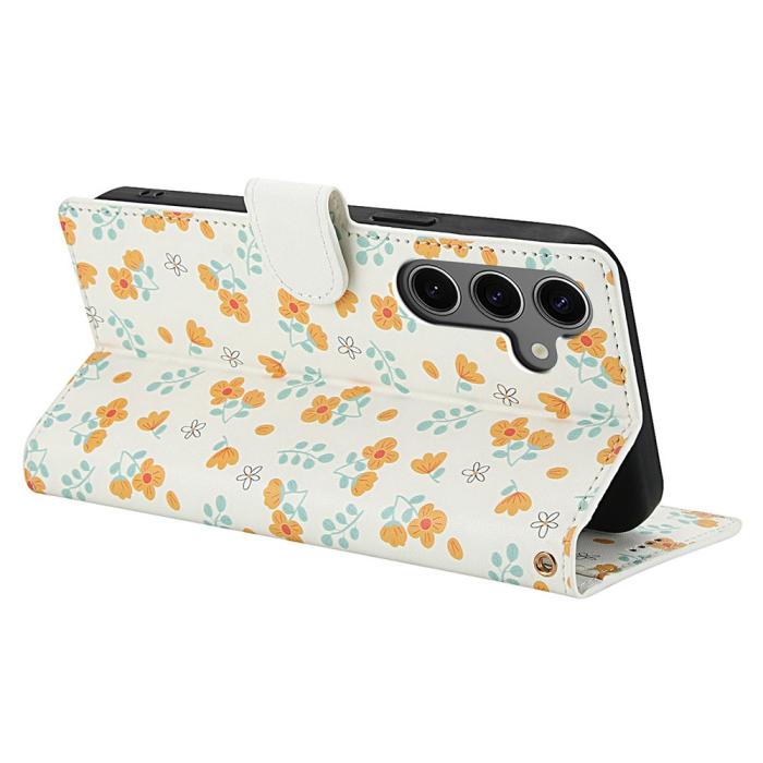 Bild 3, Samsung Galaxy S26 Fodral Rhombus Läder Blommor Vit