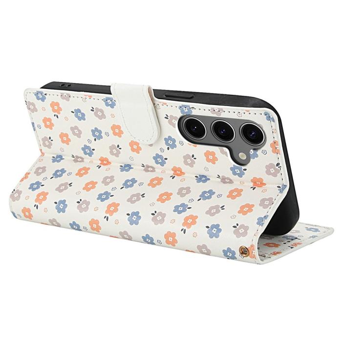 Bild 3, Samsung Galaxy S26 Fodral Rhombus Läder Blommor Vit