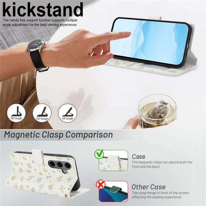 Bild 4, Samsung Galaxy S26 Fodral Rhombus Läder Blommor Vit