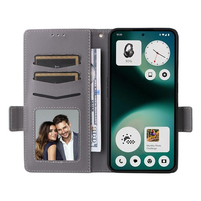 Bild 2, Nothing Phone 3a Lite Fodral Litchi Läder Grå