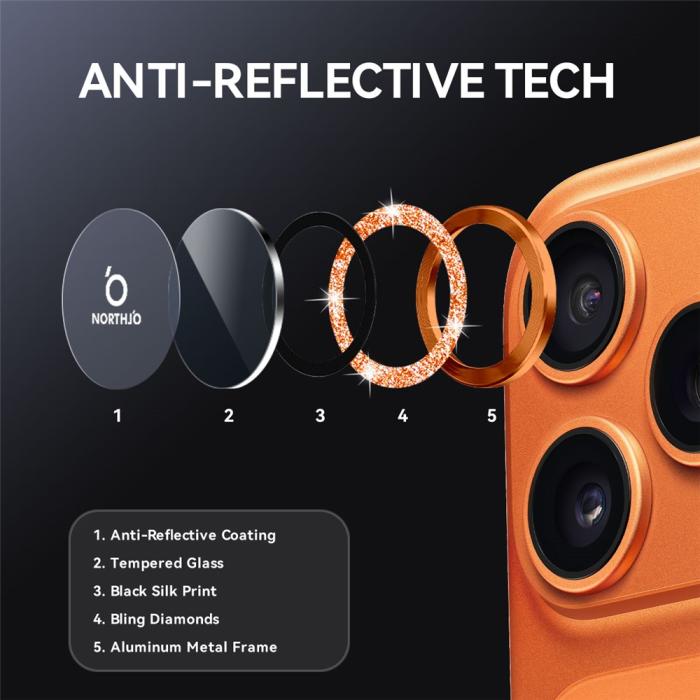 Bild 3, NORTHJO iPhone 17 Pro/17 Pro Max Linsskydd Glitter Orange