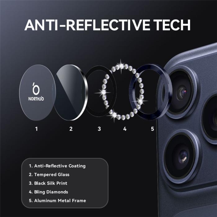 Bild 3, NORTHJO iPhone 17 Pro/17 Pro Max Linsskydd Strass Blå
