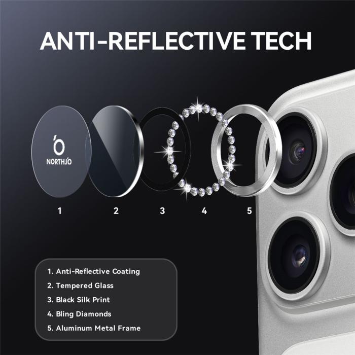 Bild 3, NORTHJO iPhone 17 Pro/17 Pro Max Linsskydd Strass Silver