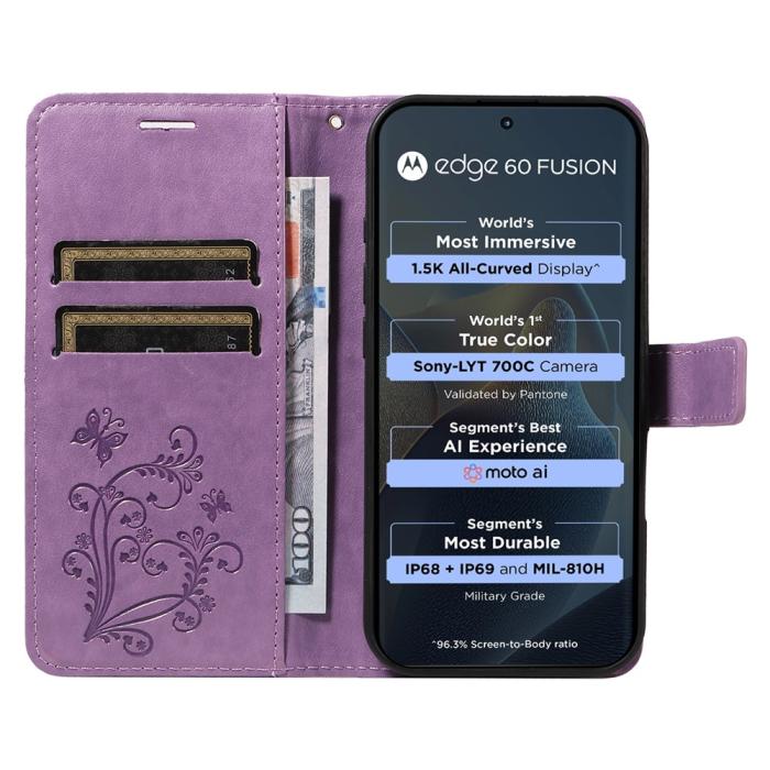 Bild 2, Motorola Edge 60 / 60 Pro / 60 Fusion Fodral Fjäril Tryck Lila