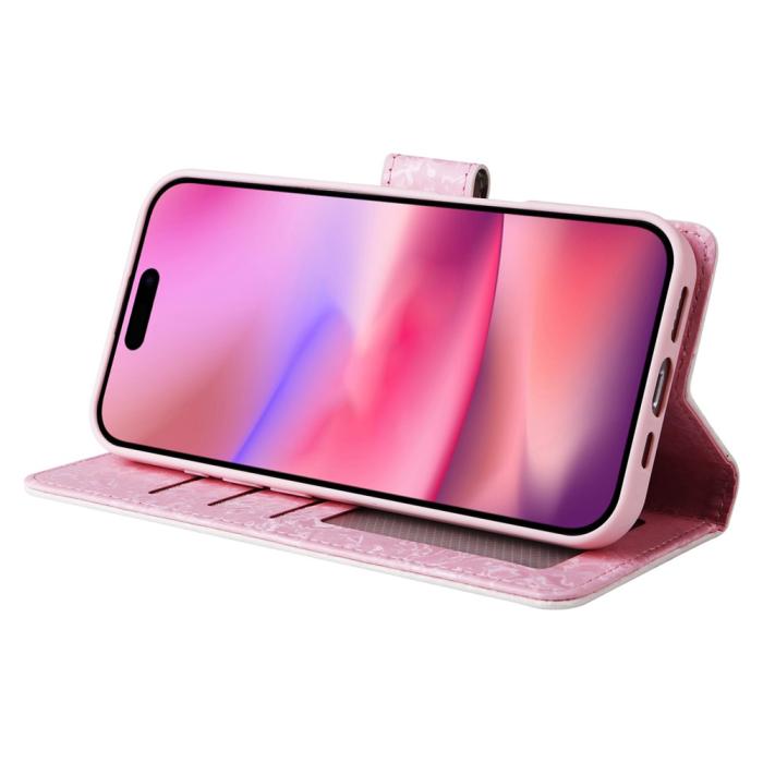 Bild 3, iPhone 16 Fodral RFID Läder Rosa Blommor