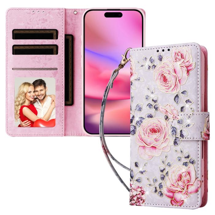 Bild 5, iPhone 16 Fodral RFID Läder Rosa Blommor