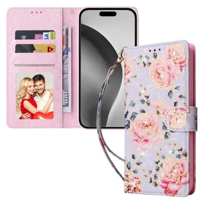 Bild 5, iPhone 16 Pro Max Fodral RFID Läder Rosa Blommor