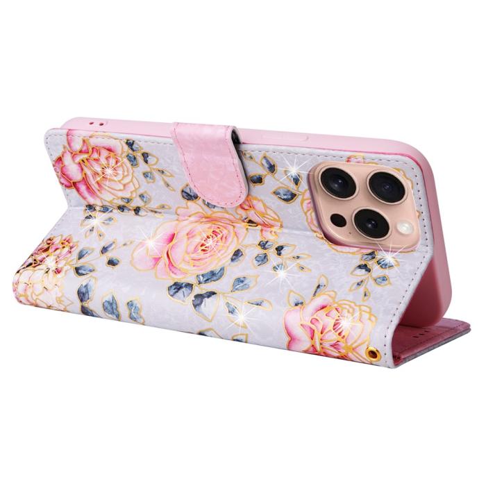 Bild 4, iPhone 16 Pro Fodral RFID Läder Rosa Blommor