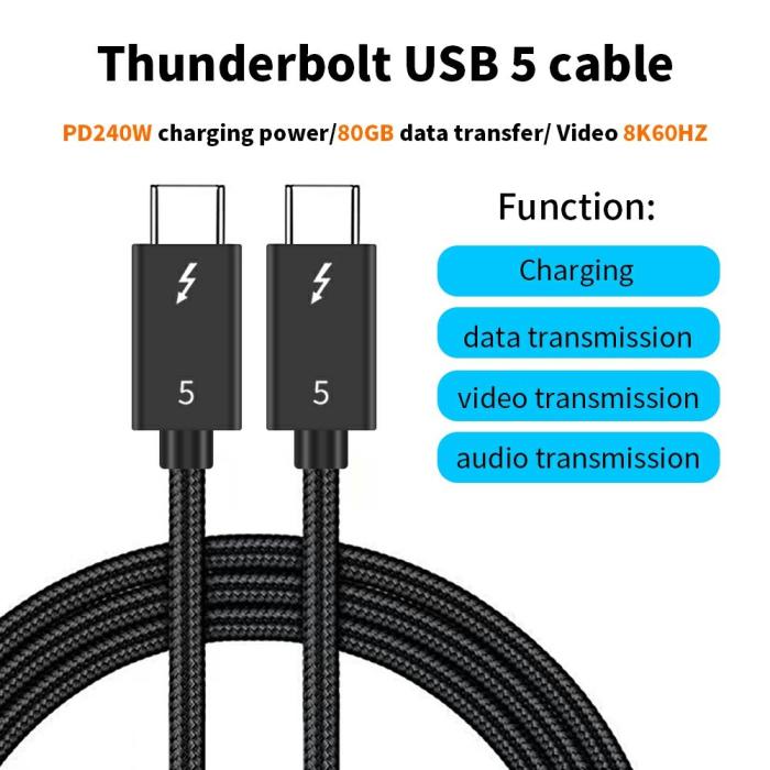 Bild 2, 1m Thunderbolt 5 Kabel USB-C 240W 8K / 60Hz PD Svart