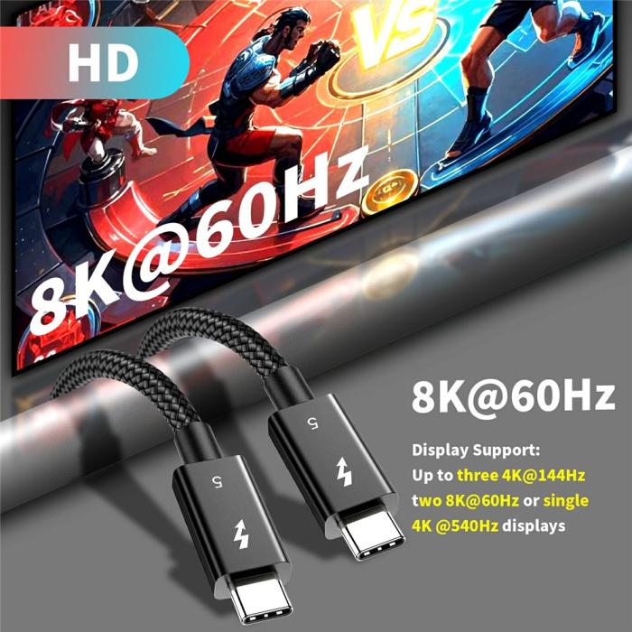 Bild 3, 1m Thunderbolt 5 Kabel USB-C 240W 8K / 60Hz PD Svart