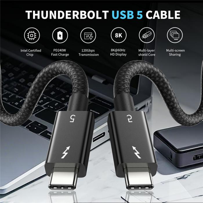 Bild 6, 1m Thunderbolt 5 Kabel USB-C 240W 8K / 60Hz PD Svart