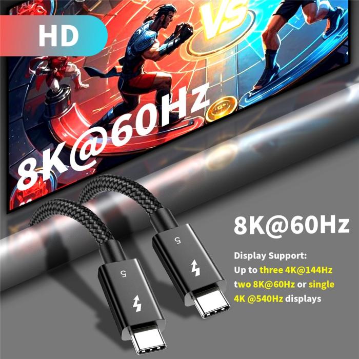 Bild 2, 1.5m Thunderbolt 5 Kabel USB-C 240W 8K / 60Hz PD Svart