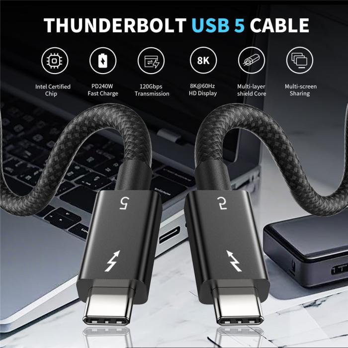 Bild 5, 2m Thunderbolt 5 Kabel USB-C 240W 8K / 60Hz PD Svart
