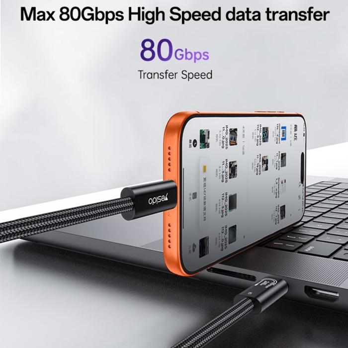 Bild 2, YESIDO 1m Thunderbolt 5 Kabel USB-C - USB-C 240W Svart