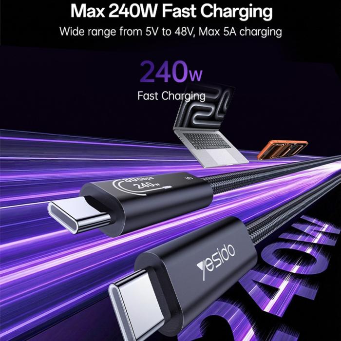 Bild 4, YESIDO 1m Thunderbolt 5 Kabel USB-C - USB-C 240W Svart