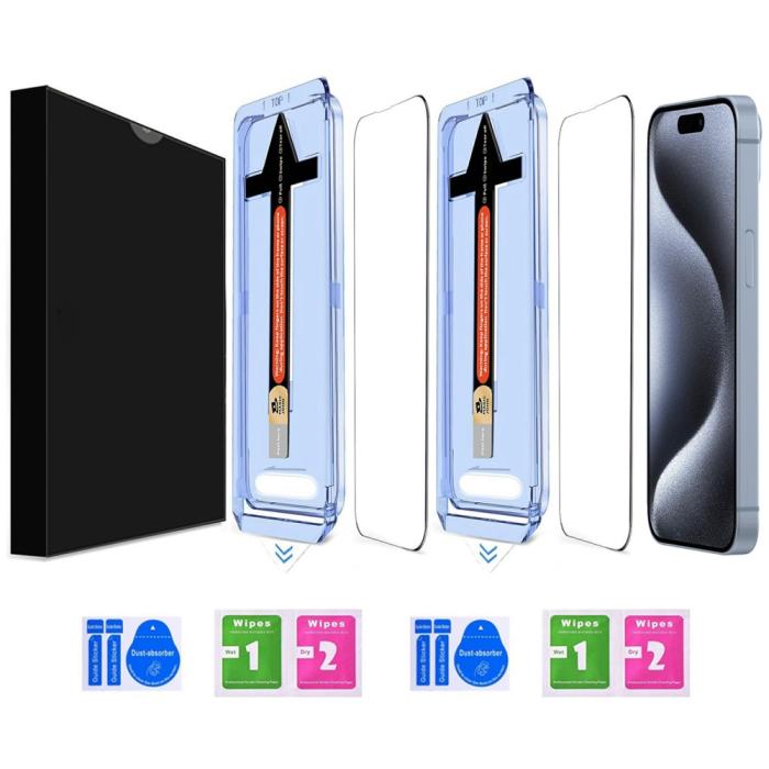 Bild 2, iPhone 15 Pro 2-PACK Skärmskydd Heltäckande Härdat Glas
