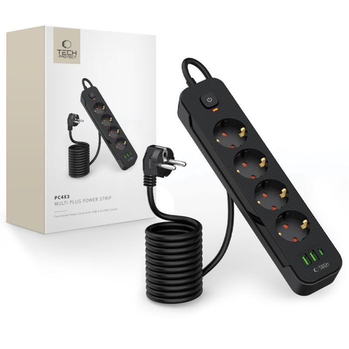 Bild 1, Tech-Protect 2 m Förgreningsdosa Med USB-C/USB-A Svart