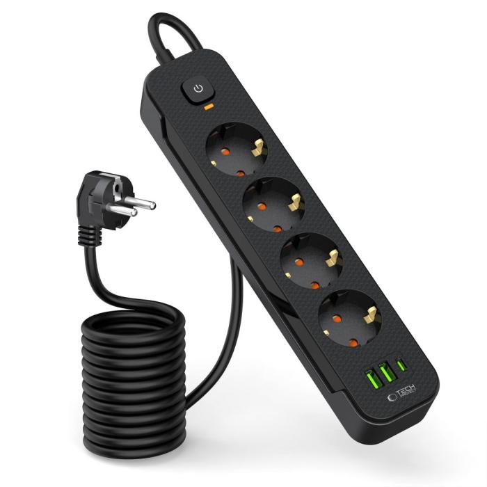 Bild 2, Tech-Protect 2 m Förgreningsdosa Med USB-C/USB-A Svart