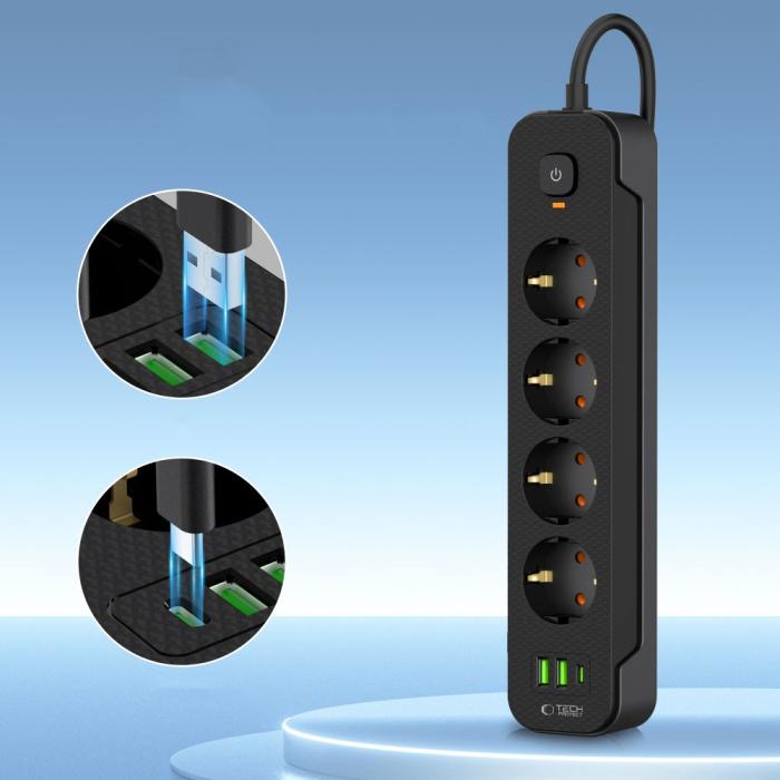 Bild 3, Tech-Protect 2 m Förgreningsdosa Med USB-C/USB-A Svart