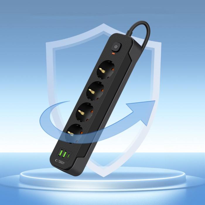 Bild 4, Tech-Protect 2 m Förgreningsdosa Med USB-C/USB-A Svart