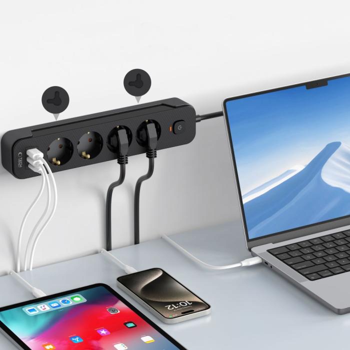 Bild 5, Tech-Protect 2 m Förgreningsdosa Med USB-C/USB-A Svart