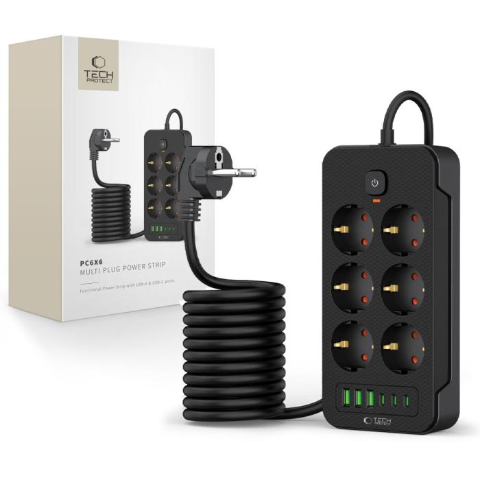 Bild 1, Tech-Protect 2 m Förgreningsdosa Med USB-C/USB-A Svart