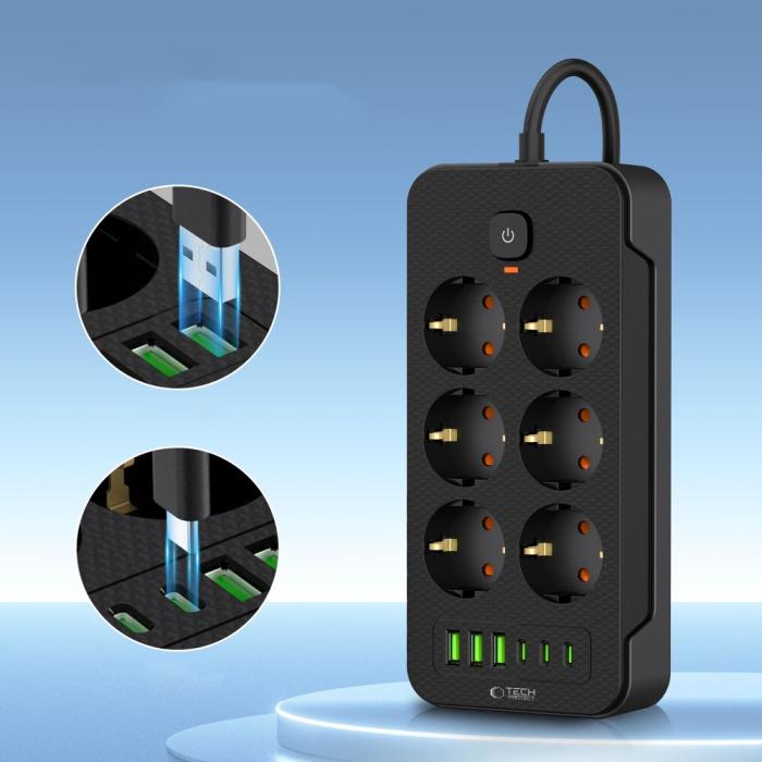 Bild 3, Tech-Protect 2 m Förgreningsdosa Med USB-C/USB-A Svart