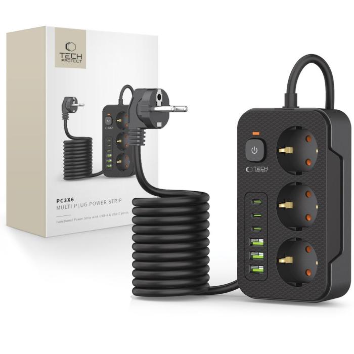Bild 1, Tech-Protect 2 m Förgreningsdosa Med USB-C/USB-A Svart