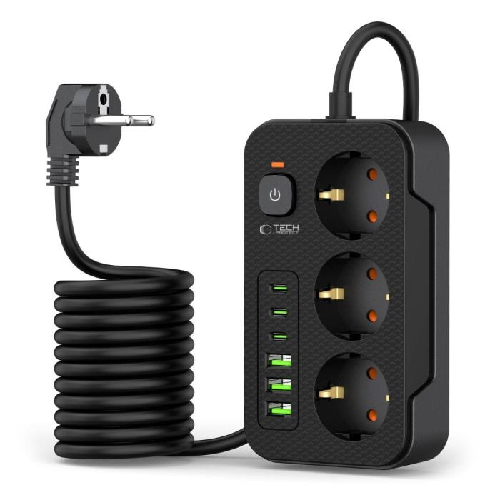 Bild 2, Tech-Protect 2 m Förgreningsdosa Med USB-C/USB-A Svart