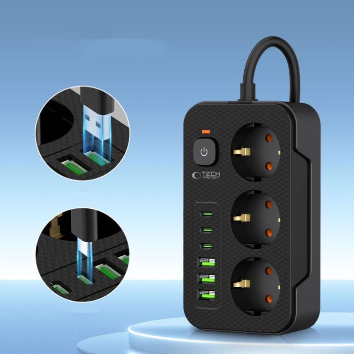 Bild 3, Tech-Protect 2 m Förgreningsdosa Med USB-C/USB-A Svart