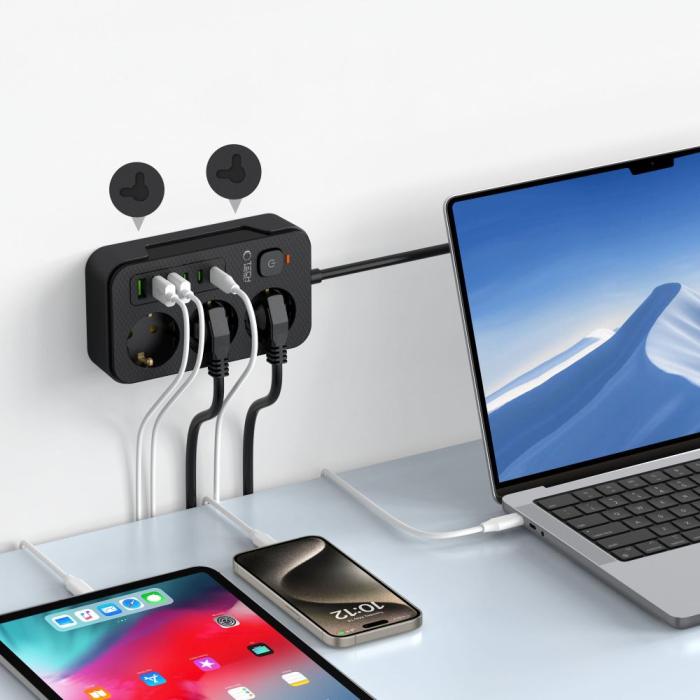 Bild 5, Tech-Protect 2 m Förgreningsdosa Med USB-C/USB-A Svart