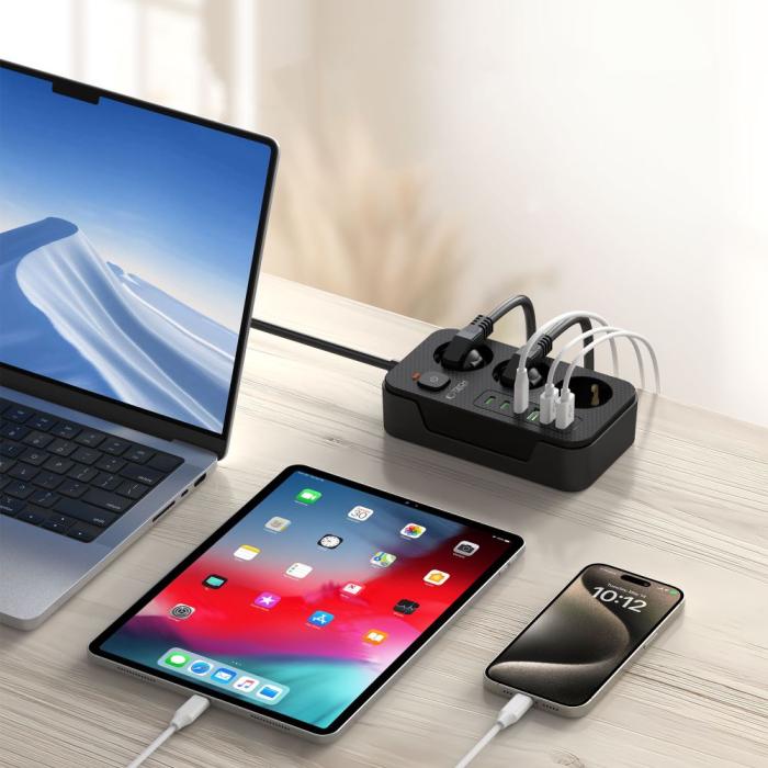 Bild 6, Tech-Protect 2 m Förgreningsdosa Med USB-C/USB-A Svart