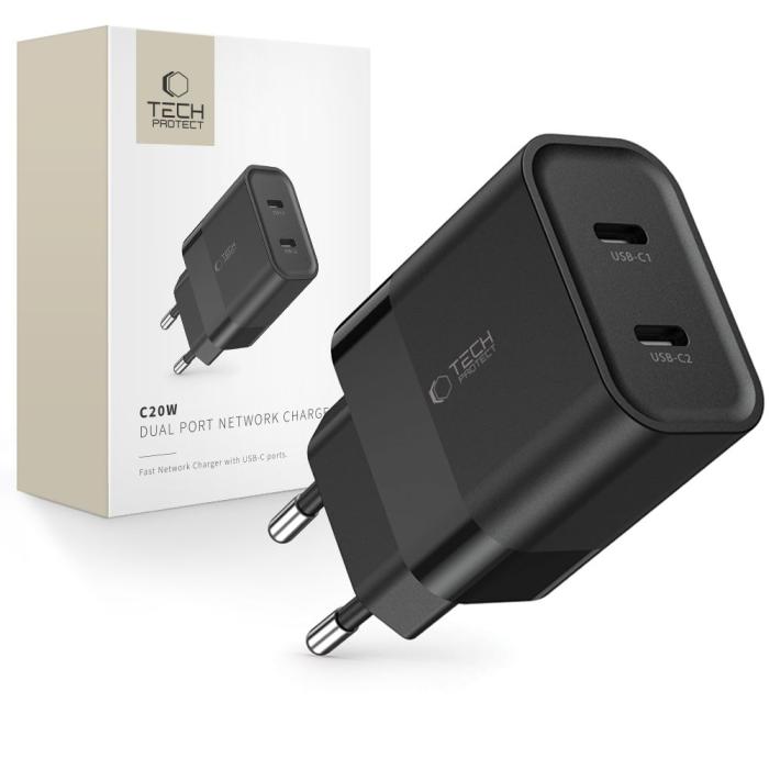 Bild 1, Tech-Protect 20W PD 2x USB-C Väggladdare Svart