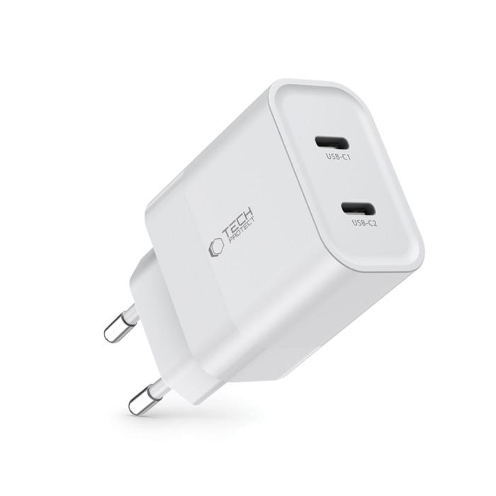 Bild 2, Tech-Protect 20W PD 2x USB-C Väggladdare Vit