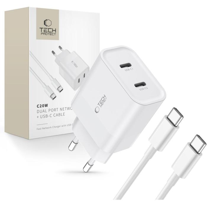 Bild 1, Tech-Protect 20W Väggladdare PD Inkl. USB-C Kabel Vit