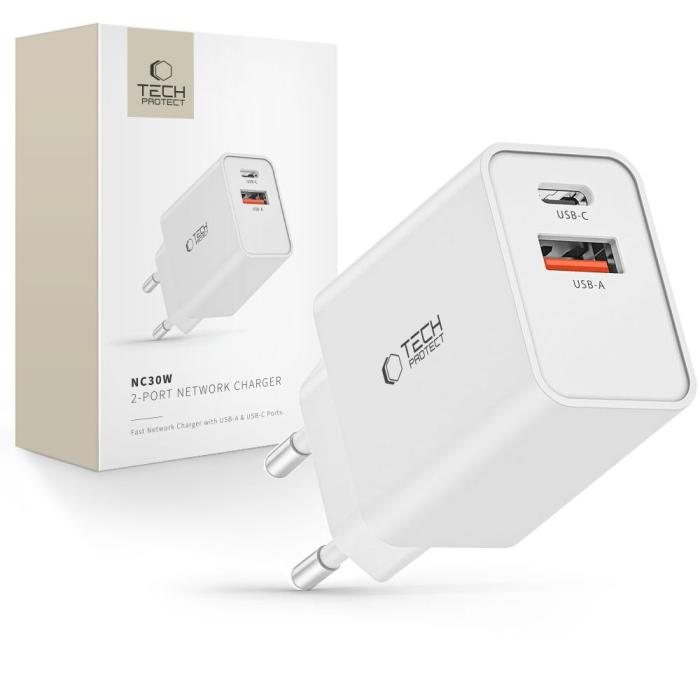 Bild 1, Tech-Protect 30W PD QC 2x USB-C/USB-A Väggladdare Vit