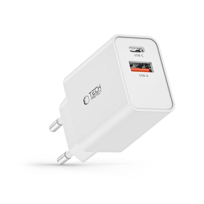 Bild 2, Tech-Protect 30W PD QC 2x USB-C/USB-A Väggladdare Vit