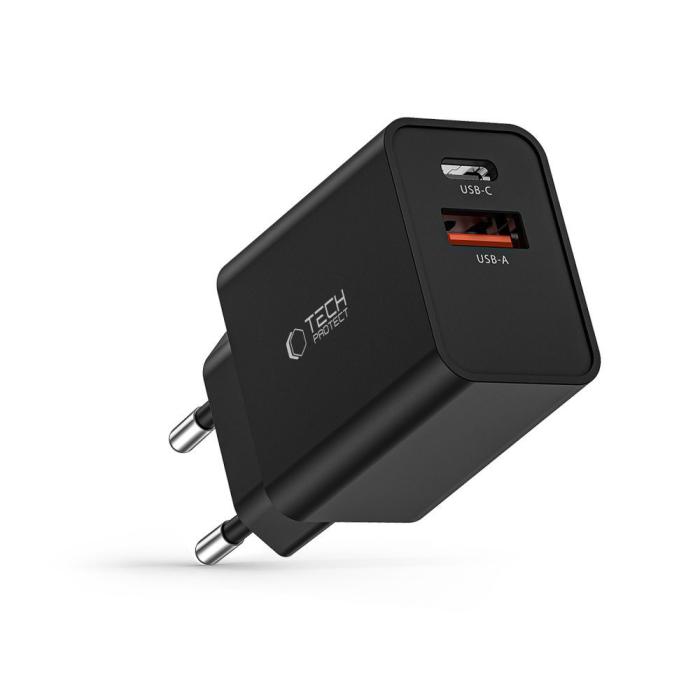 Bild 6, Tech-Protect 30W PD QC 2x USB-C/USB-A Väggladdare Svart