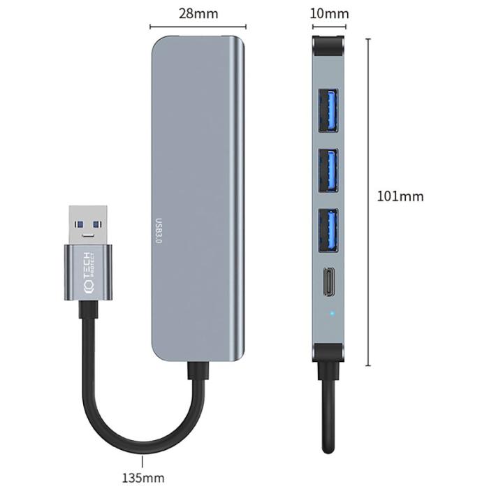 Bild 5, Tech-Protect 5in1 USB-A Hub USB-C / USB-A Grå