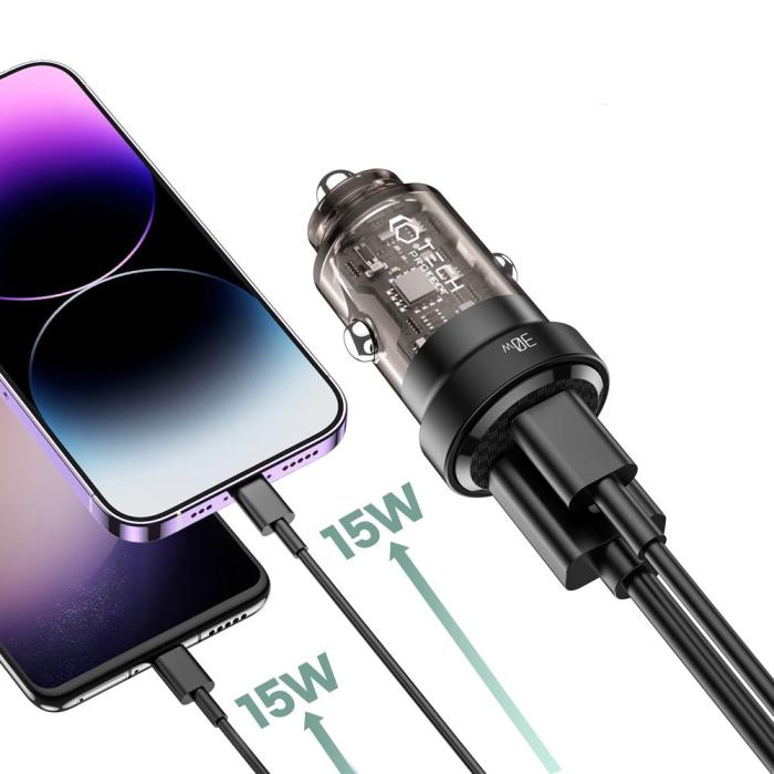 Bild 2, Tech-Proctet 30W PD QC USB-C/USB-A Billaddare Svart
