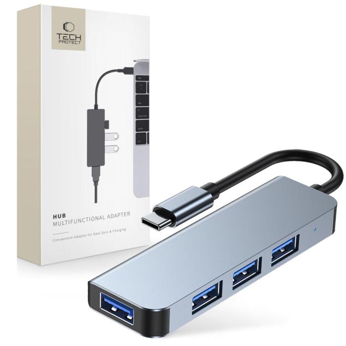 Bild 1, Tech-Protect 4in1 USB-C Hub 4x USB-A Grå